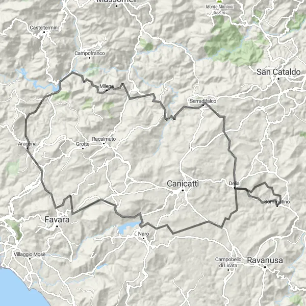 Map miniature of "Rocca-Serradifalco Loop" cycling inspiration in Sicilia, Italy. Generated by Tarmacs.app cycling route planner