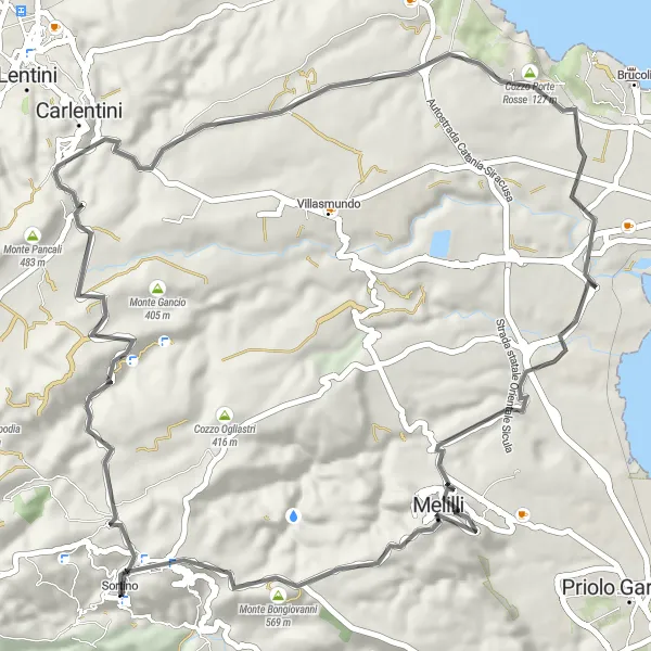 Miniatura della mappa di ispirazione al ciclismo "Giro panoramico verso Carlentini" nella regione di Sicilia, Italy. Generata da Tarmacs.app, pianificatore di rotte ciclistiche