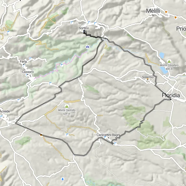 Map miniature of "Cozzo Ferrante and Solarino Road Ride" cycling inspiration in Sicilia, Italy. Generated by Tarmacs.app cycling route planner