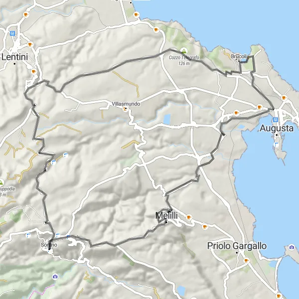 Map miniature of "Monte Carrubba and Cozzo San Mauro Road Ride" cycling inspiration in Sicilia, Italy. Generated by Tarmacs.app cycling route planner