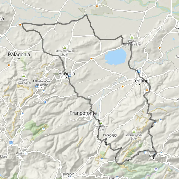 Miniatura della mappa di ispirazione al ciclismo "Giro in bicicletta da Sortino a Monte Cugni e ritorno" nella regione di Sicilia, Italy. Generata da Tarmacs.app, pianificatore di rotte ciclistiche