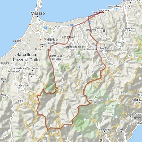 Map miniature of "Scenic Gravel Adventure near Spadafora" cycling inspiration in Sicilia, Italy. Generated by Tarmacs.app cycling route planner