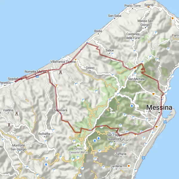 Map miniature of "Off-Road Gravel Adventure around Spadafora" cycling inspiration in Sicilia, Italy. Generated by Tarmacs.app cycling route planner