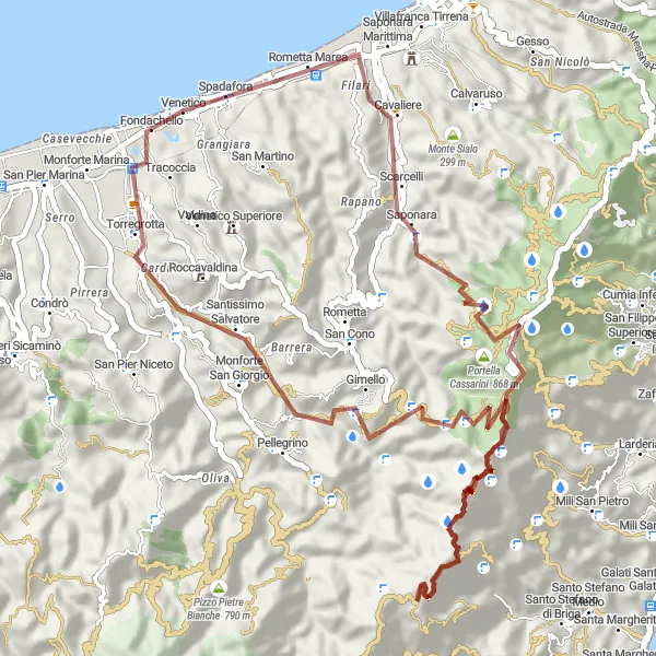 Miniatura della mappa di ispirazione al ciclismo "Avventura in bicicletta tra Saponara e Torregrotta" nella regione di Sicilia, Italy. Generata da Tarmacs.app, pianificatore di rotte ciclistiche