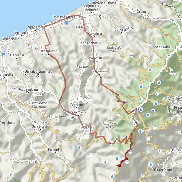 Map miniature of "Spadafora to Puntale Saitta Gravel Route" cycling inspiration in Sicilia, Italy. Generated by Tarmacs.app cycling route planner