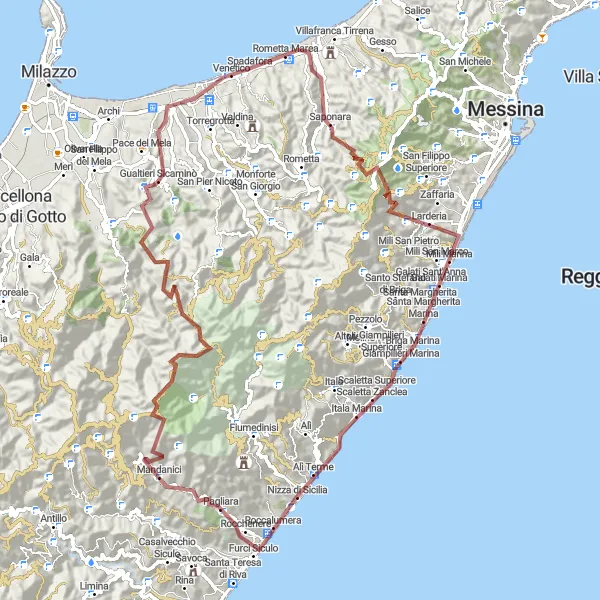 Miniatura della mappa di ispirazione al ciclismo "Giro in bicicletta da Spadafora a Venetico" nella regione di Sicilia, Italy. Generata da Tarmacs.app, pianificatore di rotte ciclistiche