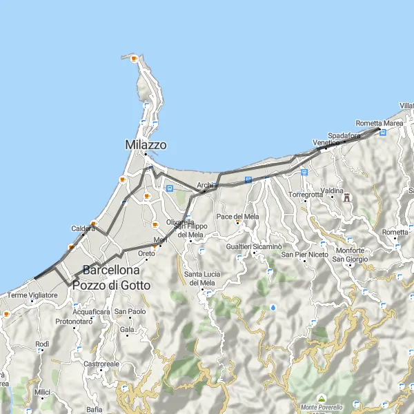 Map miniature of "Spadafora-Spadafora by Road" cycling inspiration in Sicilia, Italy. Generated by Tarmacs.app cycling route planner