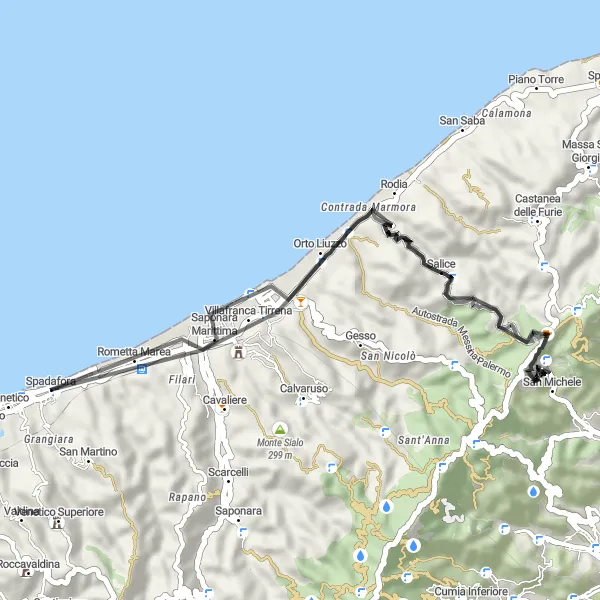 Miniatura della mappa di ispirazione al ciclismo "Strada panoramica verso Rocca Badessa" nella regione di Sicilia, Italy. Generata da Tarmacs.app, pianificatore di rotte ciclistiche