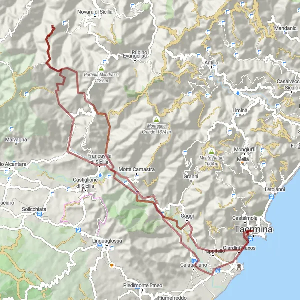 Map miniature of "Mountains and Coastal Views" cycling inspiration in Sicilia, Italy. Generated by Tarmacs.app cycling route planner
