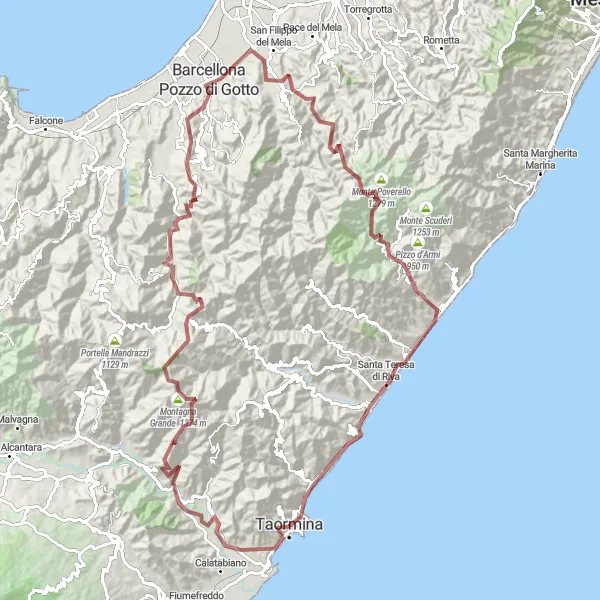 Miniatura della mappa di ispirazione al ciclismo "Gravel Route to Monte Tauro" nella regione di Sicilia, Italy. Generata da Tarmacs.app, pianificatore di rotte ciclistiche