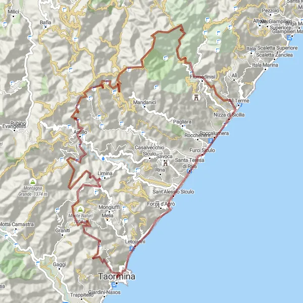 Map miniature of "Mountains and Historical Charm" cycling inspiration in Sicilia, Italy. Generated by Tarmacs.app cycling route planner