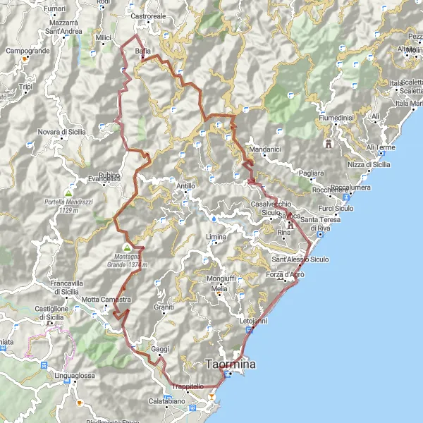 Miniatura della mappa di ispirazione al ciclismo "Gravel Route to Castelmola" nella regione di Sicilia, Italy. Generata da Tarmacs.app, pianificatore di rotte ciclistiche