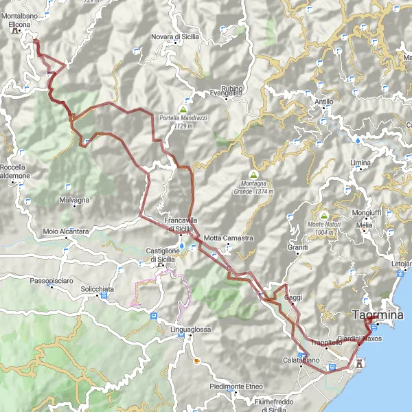 Map miniature of "Taormina Gravel Loop" cycling inspiration in Sicilia, Italy. Generated by Tarmacs.app cycling route planner