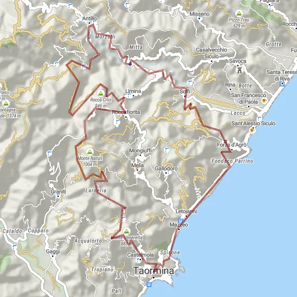 Map miniature of "The Gravel Adventure from Taormina to Monte Kalfa" cycling inspiration in Sicilia, Italy. Generated by Tarmacs.app cycling route planner