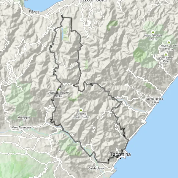 Miniatura della mappa di ispirazione al ciclismo "Road Route to Monte Tauro" nella regione di Sicilia, Italy. Generata da Tarmacs.app, pianificatore di rotte ciclistiche
