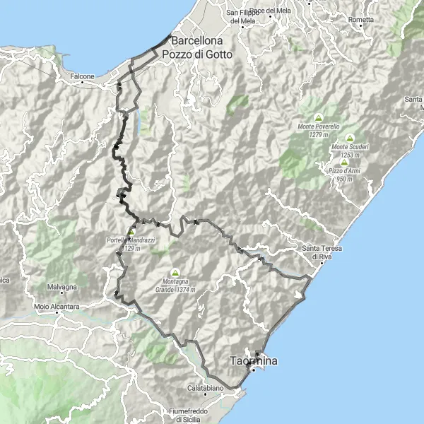 Map miniature of "Taormina to Monte Tauro Loop" cycling inspiration in Sicilia, Italy. Generated by Tarmacs.app cycling route planner