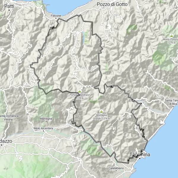 Miniatura della mappa di ispirazione al ciclismo "Scenic Road to Monte Tauro" nella regione di Sicilia, Italy. Generata da Tarmacs.app, pianificatore di rotte ciclistiche
