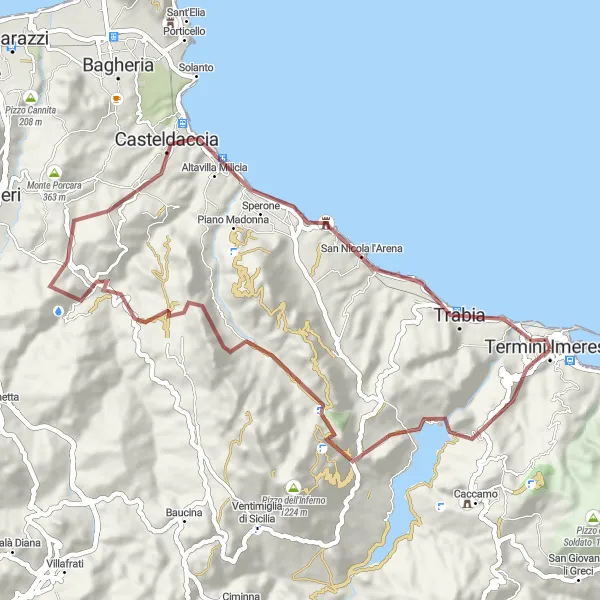 Map miniature of "Rocca Rossa: Unveiling Sicilian Hidden Gems" cycling inspiration in Sicilia, Italy. Generated by Tarmacs.app cycling route planner