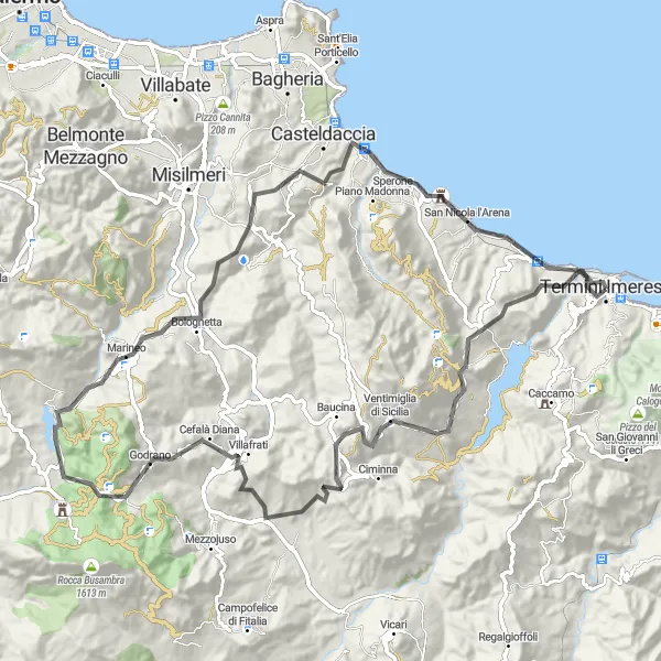 Map miniature of "The Coastal Loop" cycling inspiration in Sicilia, Italy. Generated by Tarmacs.app cycling route planner