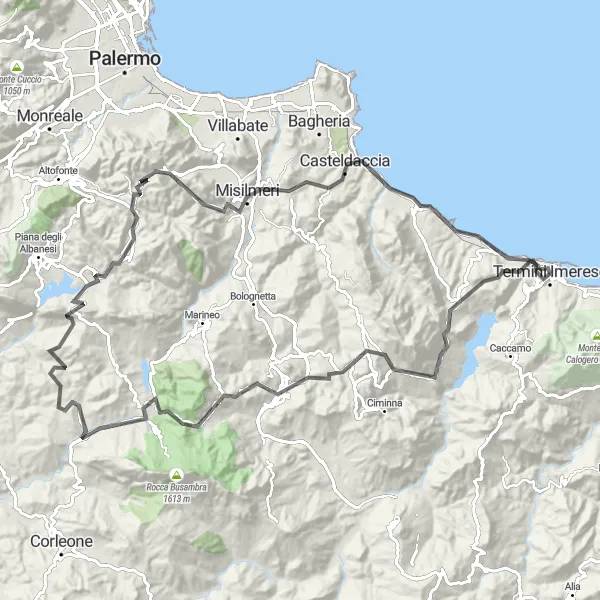 Map miniature of "Termini Imerese to Trabia Loop" cycling inspiration in Sicilia, Italy. Generated by Tarmacs.app cycling route planner