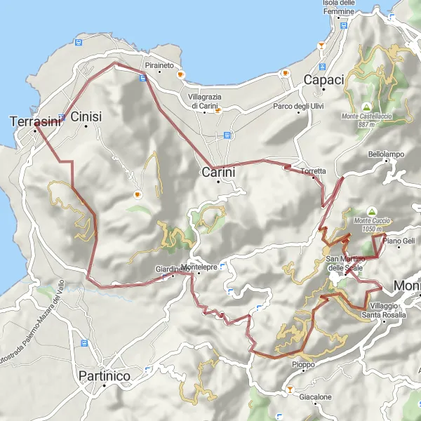 Miniatura della mappa di ispirazione al ciclismo "Esplorazione in gravel da Terrasini a Torre Fanara" nella regione di Sicilia, Italy. Generata da Tarmacs.app, pianificatore di rotte ciclistiche