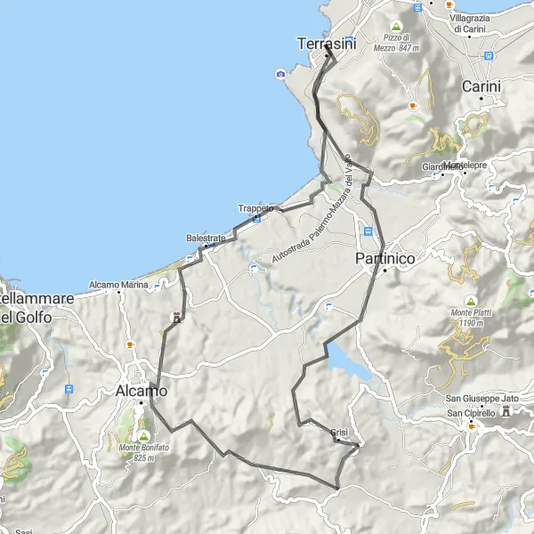 Map miniature of "Terrasini and the Surrounding Villages" cycling inspiration in Sicilia, Italy. Generated by Tarmacs.app cycling route planner