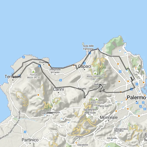 Miniatura della mappa di ispirazione al ciclismo "Avventura in bicicletta da Terrasini a Cinisi" nella regione di Sicilia, Italy. Generata da Tarmacs.app, pianificatore di rotte ciclistiche