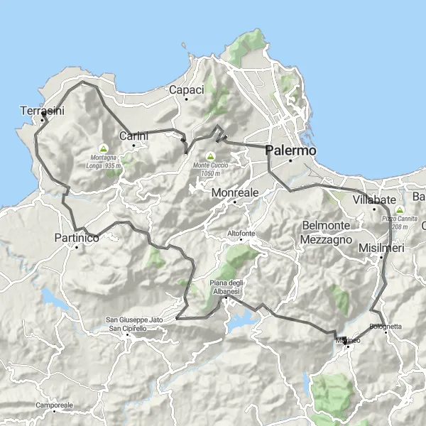 Miniatura della mappa di ispirazione al ciclismo "Avventura ciclistica da Terrasini a Partinico" nella regione di Sicilia, Italy. Generata da Tarmacs.app, pianificatore di rotte ciclistiche