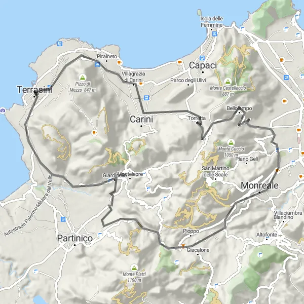 Map miniature of "Cycling Through Monreale and Borgetto" cycling inspiration in Sicilia, Italy. Generated by Tarmacs.app cycling route planner