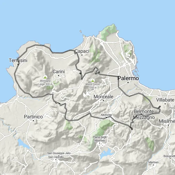 Map miniature of "Terrasini - Belmonte Mezzagno Round-trip Cycling Route" cycling inspiration in Sicilia, Italy. Generated by Tarmacs.app cycling route planner