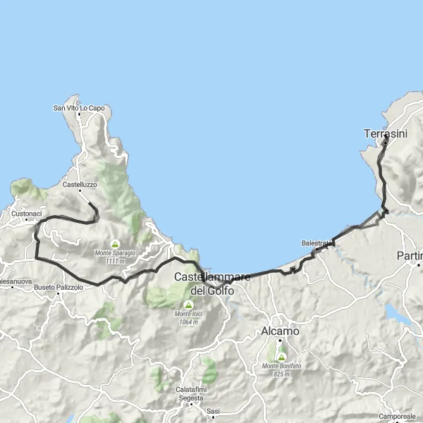 Miniatura della mappa di ispirazione al ciclismo "Giro in bicicletta da Terrasini a Monte Comuni" nella regione di Sicilia, Italy. Generata da Tarmacs.app, pianificatore di rotte ciclistiche