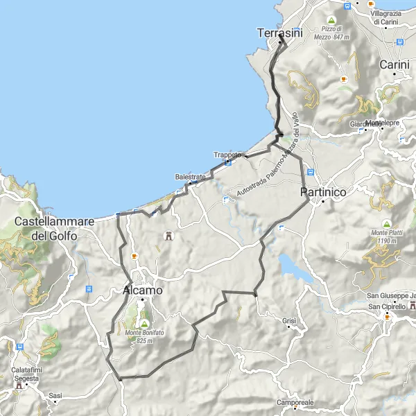 Miniatura della mappa di ispirazione al ciclismo "Ciclabile Real Cantina" nella regione di Sicilia, Italy. Generata da Tarmacs.app, pianificatore di rotte ciclistiche