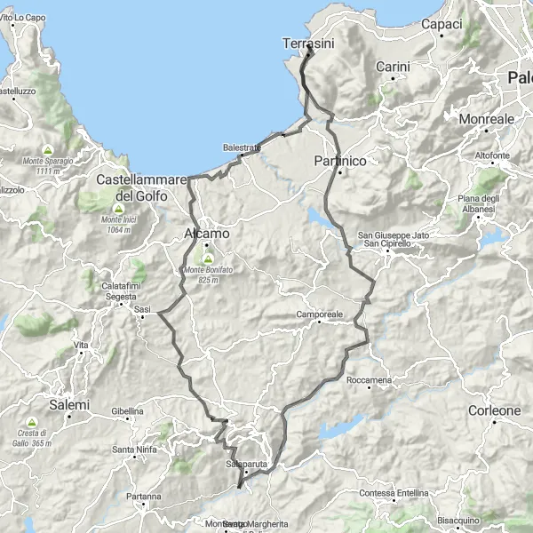 Miniatura della mappa di ispirazione al ciclismo "Giro ciclistico da Terrasini a Salaparuta" nella regione di Sicilia, Italy. Generata da Tarmacs.app, pianificatore di rotte ciclistiche