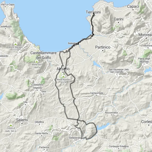 Map miniature of "Torre Fanara to Terrasini via Alcamo Marina, Monte Castellazzo, Alcamo, Belvedere, and Trappeto" cycling inspiration in Sicilia, Italy. Generated by Tarmacs.app cycling route planner