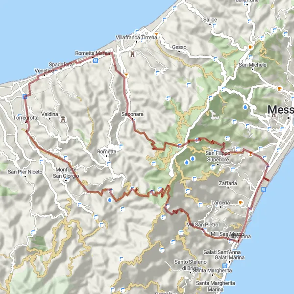 Miniatura della mappa di ispirazione al ciclismo "Percorso in bicicletta gravel da Torregrotta" nella regione di Sicilia, Italy. Generata da Tarmacs.app, pianificatore di rotte ciclistiche