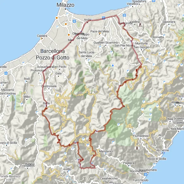 Miniatura della mappa di ispirazione al ciclismo "Percorso ciclistico a gravel da Torregrotta a Pizzo di Vernà" nella regione di Sicilia, Italy. Generata da Tarmacs.app, pianificatore di rotte ciclistiche