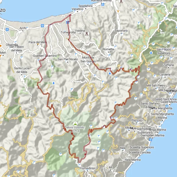 Miniatura della mappa di ispirazione al ciclismo "Avventura ciclistica attraverso i monti di Torregrotta" nella regione di Sicilia, Italy. Generata da Tarmacs.app, pianificatore di rotte ciclistiche