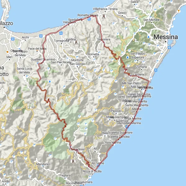 Miniatura della mappa di ispirazione al ciclismo "Giro in bici su terreno sterrato intorno a Torregrotta" nella regione di Sicilia, Italy. Generata da Tarmacs.app, pianificatore di rotte ciclistiche