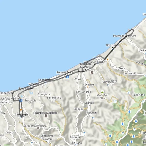 Miniatura della mappa di ispirazione al ciclismo "Giro in bici da Torregrotta a Villafranca Tirrena" nella regione di Sicilia, Italy. Generata da Tarmacs.app, pianificatore di rotte ciclistiche