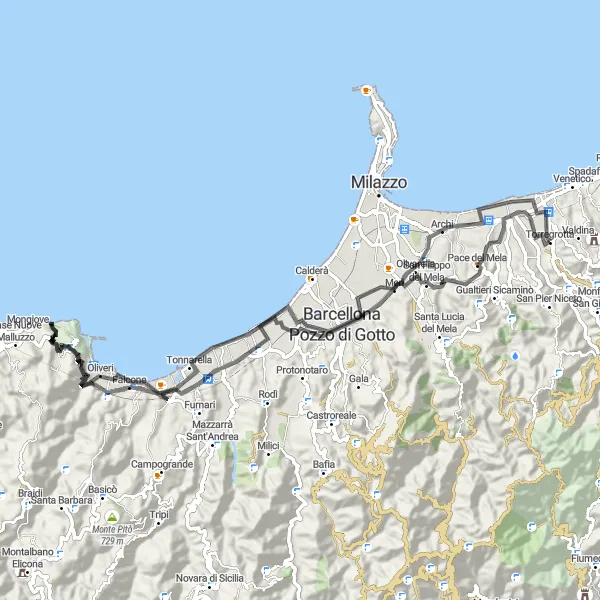 Miniatura della mappa di ispirazione al ciclismo "Giro in bicicletta da Torregrotta" nella regione di Sicilia, Italy. Generata da Tarmacs.app, pianificatore di rotte ciclistiche