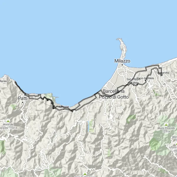 Miniatura della mappa di ispirazione al ciclismo "Tour Panoramico con Vista su Monte Risica" nella regione di Sicilia, Italy. Generata da Tarmacs.app, pianificatore di rotte ciclistiche