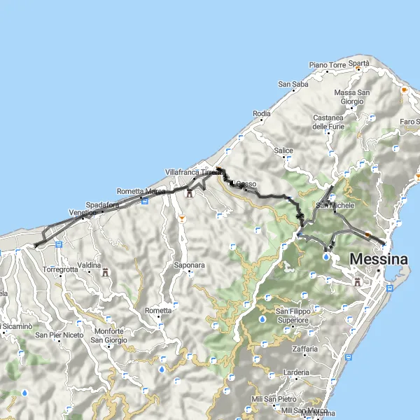 Miniatura della mappa di ispirazione al ciclismo "Tour in bici su strada tra le colline di Torregrotta" nella regione di Sicilia, Italy. Generata da Tarmacs.app, pianificatore di rotte ciclistiche