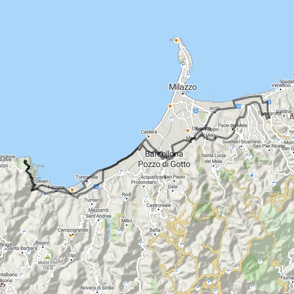 Miniatura della mappa di ispirazione al ciclismo "Giro in bici su strada tra le montagne di Torregrotta" nella regione di Sicilia, Italy. Generata da Tarmacs.app, pianificatore di rotte ciclistiche