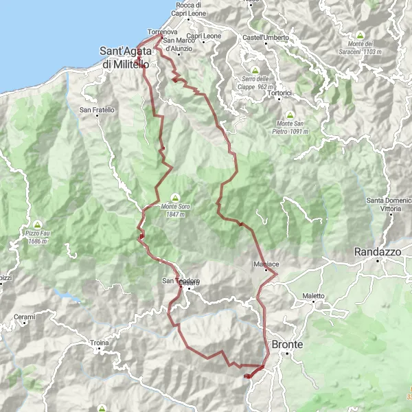 Map miniature of "The Gravel Epic" cycling inspiration in Sicilia, Italy. Generated by Tarmacs.app cycling route planner