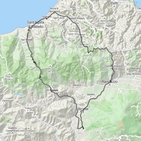 Map miniature of "Mountains and Valleys" cycling inspiration in Sicilia, Italy. Generated by Tarmacs.app cycling route planner