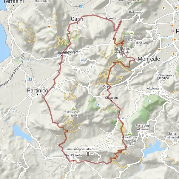 Map miniature of "Gravel Challenge: Torretta to Monte Pecoraro" cycling inspiration in Sicilia, Italy. Generated by Tarmacs.app cycling route planner