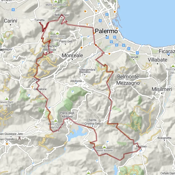 Map miniature of "Scenic Gravel Route with Cultural Highlights" cycling inspiration in Sicilia, Italy. Generated by Tarmacs.app cycling route planner