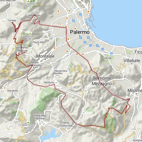 Map miniature of "Adventurous Gravel Route Through the Countryside" cycling inspiration in Sicilia, Italy. Generated by Tarmacs.app cycling route planner