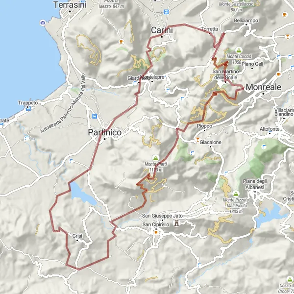 Miniatura della mappa di ispirazione al ciclismo "Avventura in bicicletta tra Torretta e Carini" nella regione di Sicilia, Italy. Generata da Tarmacs.app, pianificatore di rotte ciclistiche