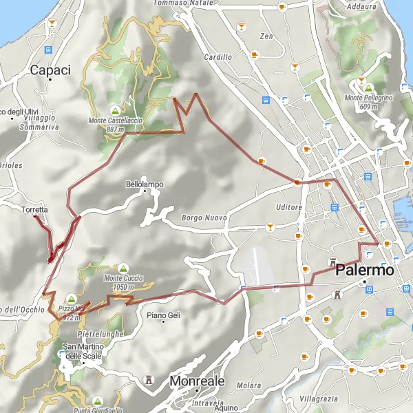 Map miniature of "Gravel Adventure to Palermo" cycling inspiration in Sicilia, Italy. Generated by Tarmacs.app cycling route planner